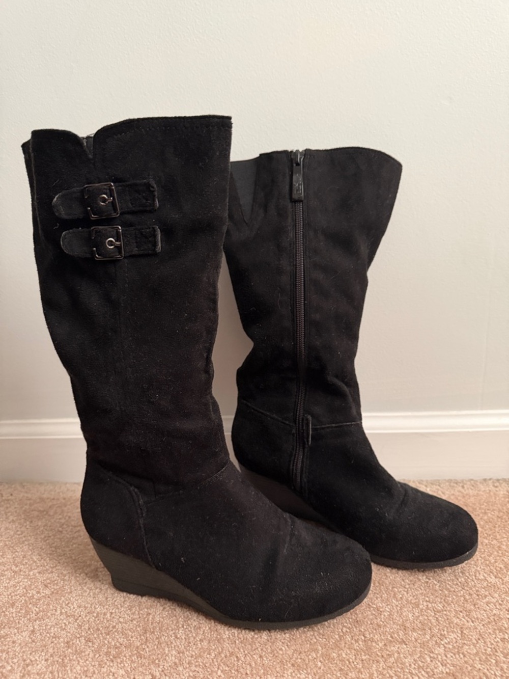 Black Suede Mid-Calf Wedge Boots